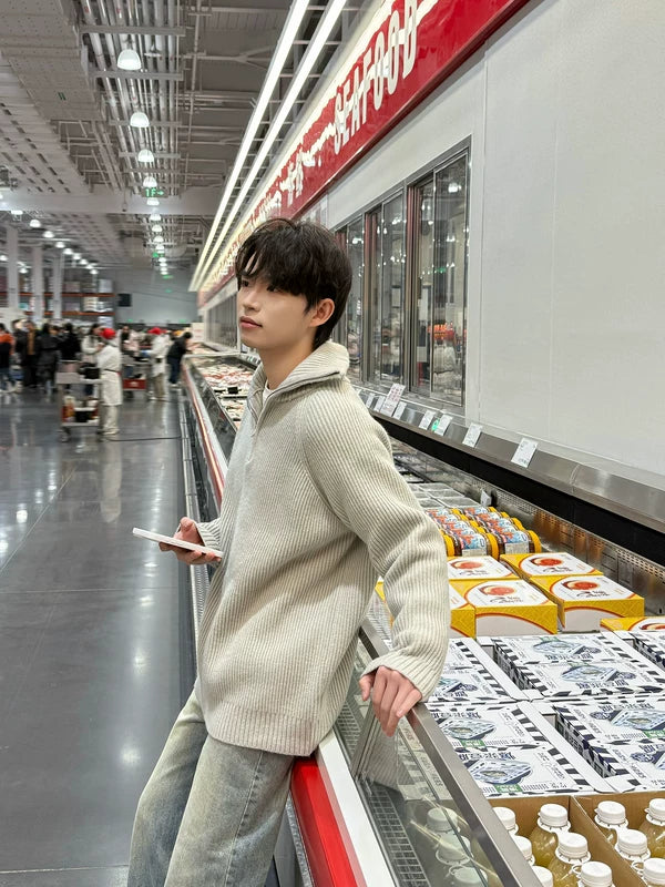 ,6184124887094,6184124887095,6184124887096, Half Zip Ribbed Stand Collar Sweater