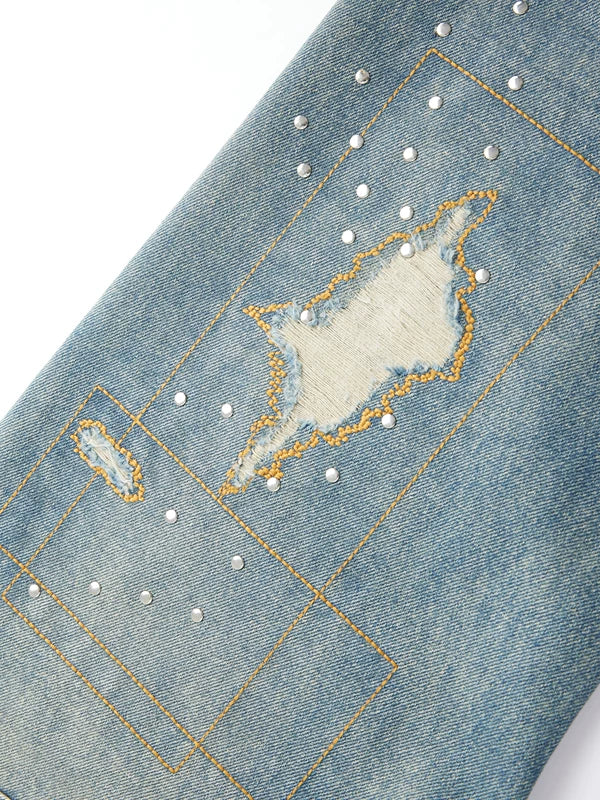 Hand-Stitched Ripped Studded Straight Leg Pants 4