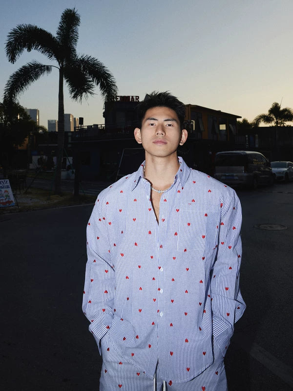 Heart Embroidered Striped Shirt and Shorts Set 2