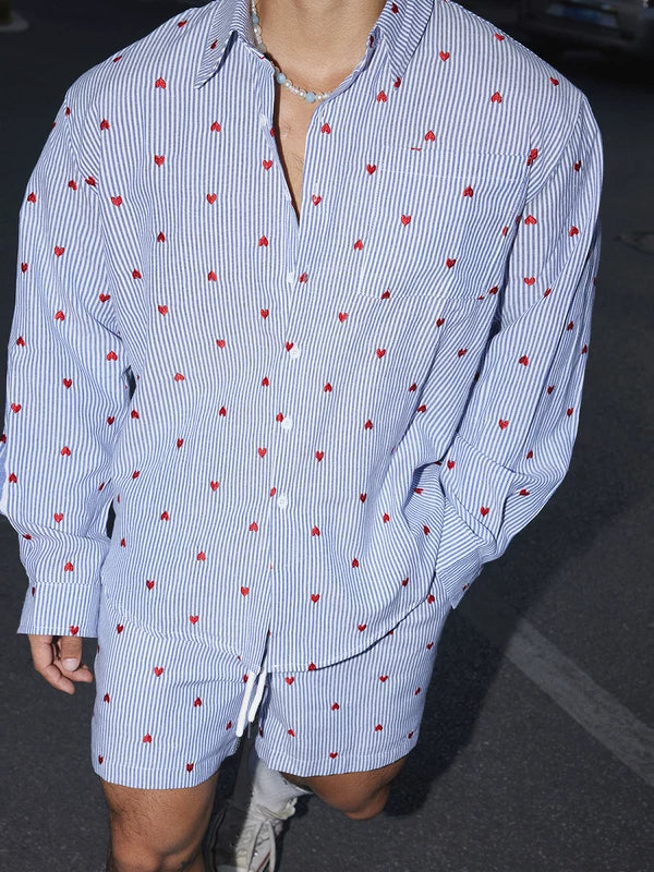 Heart Embroidered Striped Shirt and Shorts Set 4