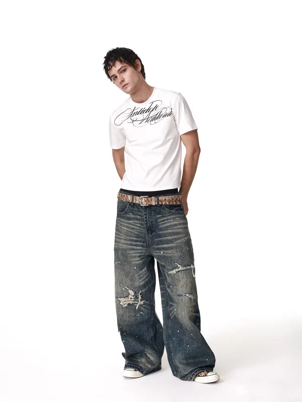 Heavyweight Distressed Splatter Baggy Wide-Leg Jeans 4