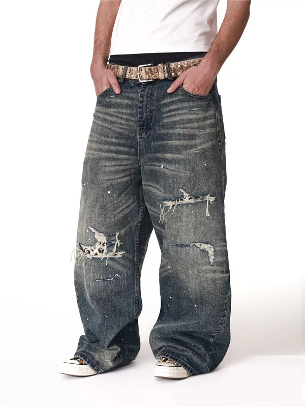 Heavyweight Distressed Splatter Baggy Wide-Leg Jeans 5