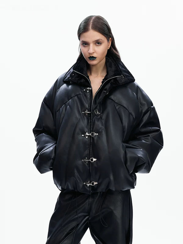 Heavyweight Faux Leather Buckle Puffer Jacket 2