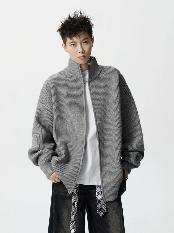 Heavyweight Knit Zip-Up Stand Collar Cardigan 5