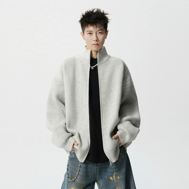 5969201760867,5969201760868,5969201760869,5969201760870,5969201760871,5969201760872, Heavyweight Knit Zip-Up Stand Collar Cardigan