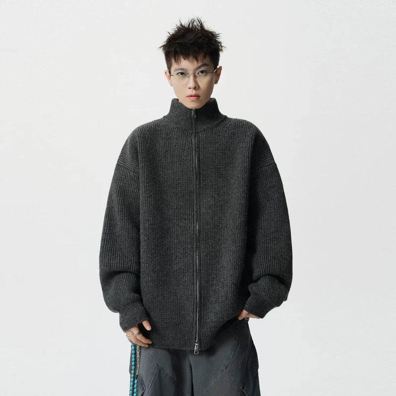 5969201760873,5969201760874,5969201760875,5969201760876,5969201760877,5969201760878, Heavyweight Knit Zip-Up Stand Collar Cardigan