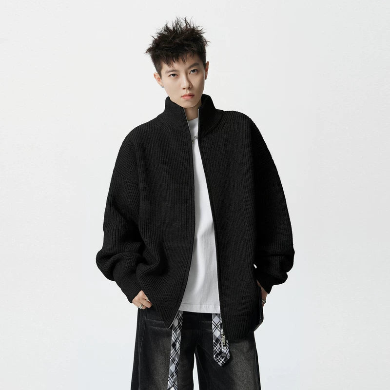 5969201760879,5969201760880,5969201760881,5969201760882,5969201760883,5969201760884, Heavyweight Knit Zip-Up Stand Collar Cardigan