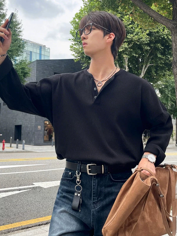 Henley Collar Long Sleeve Loose Fit T-Shirt 2