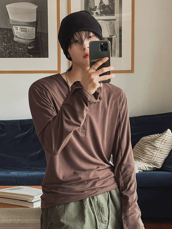 Henley Collar Long Sleeve T-Shirt 2