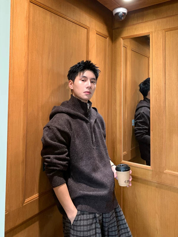 High-Neck Faux Two-Piece Hooded Sweater 3