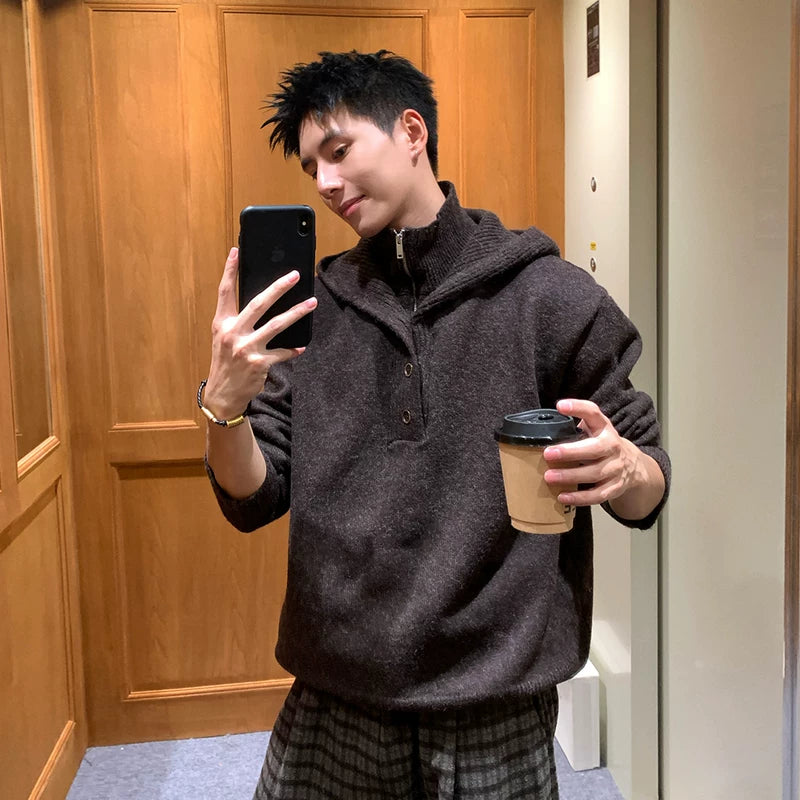 1627207:4168285,6175052314784,1627207:4168285,6175052314785,1627207:4168285,6175052314786,1627207:4168285,6175052314787,6175052314784,6175052314785,6175052314786,6175052314787, High-Neck Faux Two-Piece Hooded Sweater