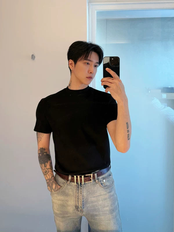 6204688523574,6204688523575,6204688523576,6204968638447, High-Neck Slim Fit Short-Sleeve T-Shirt