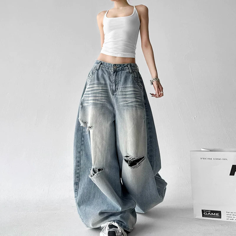 High Waisted Ripped Wide Leg Jeans Pants 2