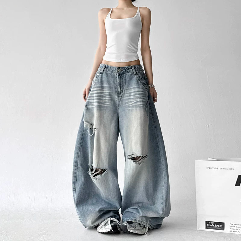 High Waisted Ripped Wide Leg Jeans Pants 3