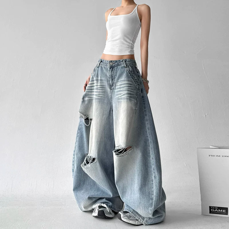 High Waisted Ripped Wide Leg Jeans Pants 4