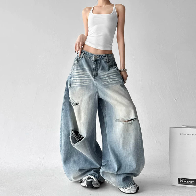 High Waisted Ripped Wide Leg Jeans Pants 5