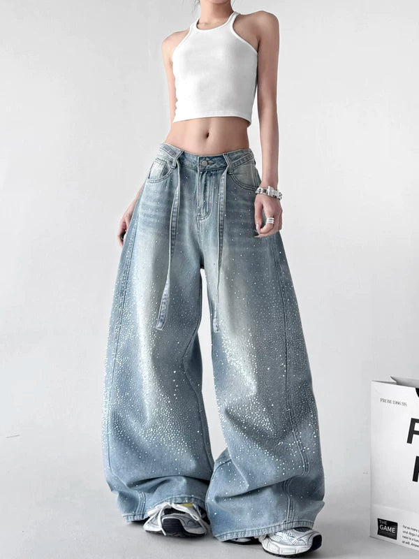 High Waisted Wide Leg Rhinestone Jeans Pants 2