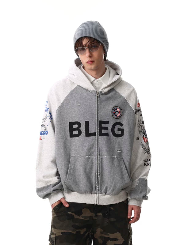 Hip Hop Distressed Zip Up Hooded Sweatshirt 2