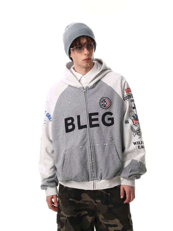 Hip Hop Distressed Zip Up Hooded Sweatshirt 3