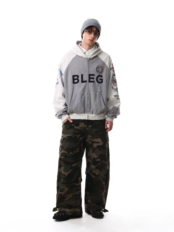 Hip Hop Distressed Zip Up Hooded Sweatshirt 5