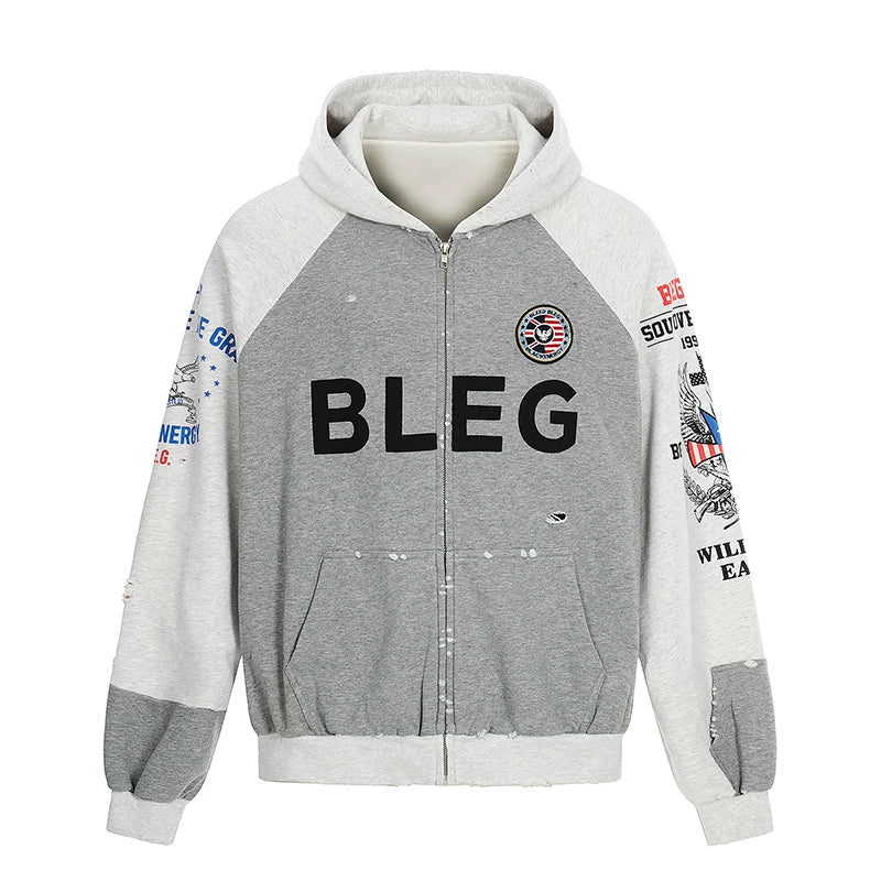 6026530705295,6026530705296,6026530705297,6026530705298, Hip Hop Distressed Zip Up Hooded Sweatshirt