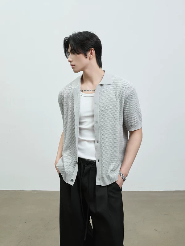 Hollow Knit Short-Sleeve Button Cardigan 2