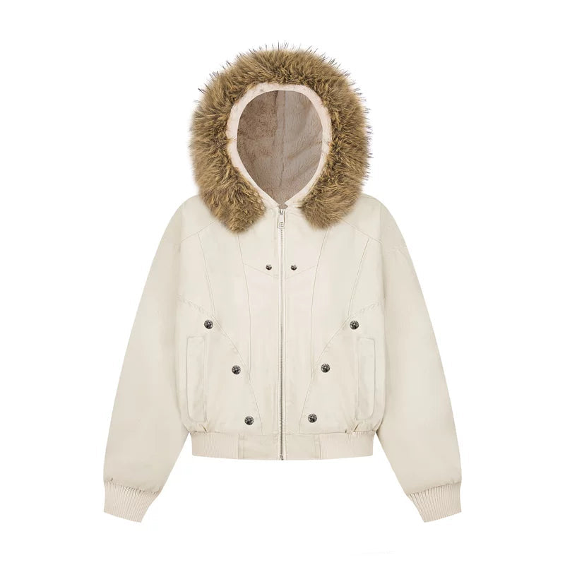 ,1627207:30155,6100644614484,1627207:30155,6100644614483,1627207:30155,6100644614482,6100644614484,6100644614483,6100644614482, Hooded Fur Collar Padded Short Jacket