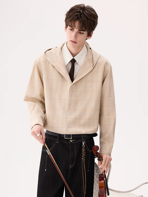 Hooded Plaid Faux Layered Long-Sleeve Shirt 3