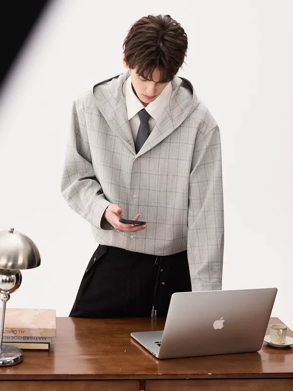 Hooded Plaid Faux Layered Long-Sleeve Shirt 5