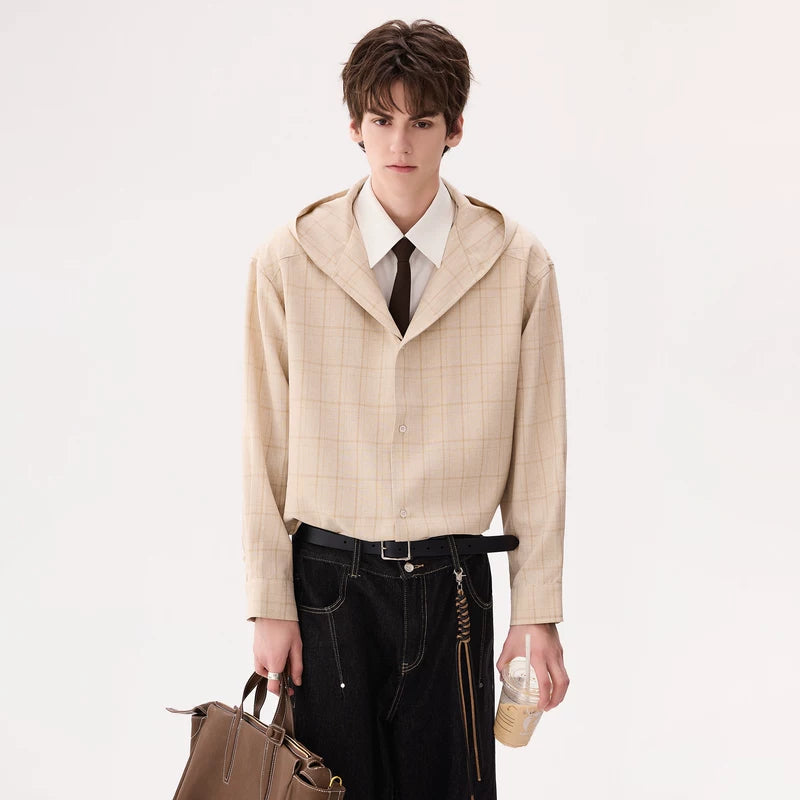 6025751073373,6025751073374,6025751073375,6025751073376, Hooded Plaid Faux Layered Long-Sleeve Shirt