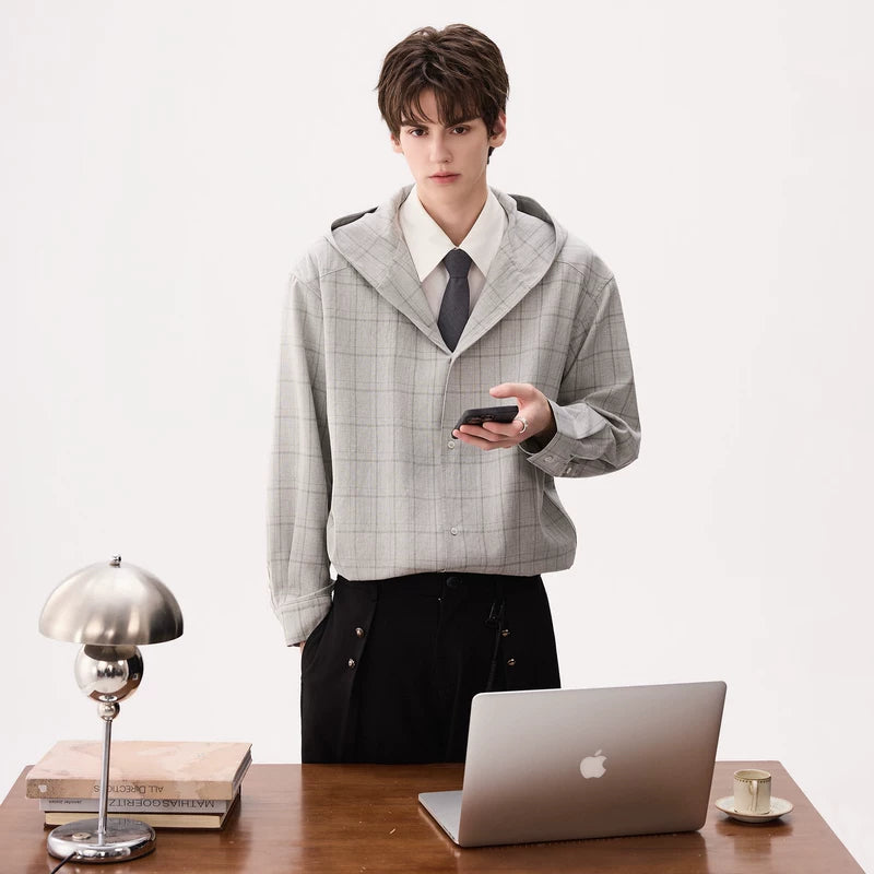 6190687635822,6190687635823,6190687635824,6190687635825, Hooded Plaid Faux Layered Long-Sleeve Shirt