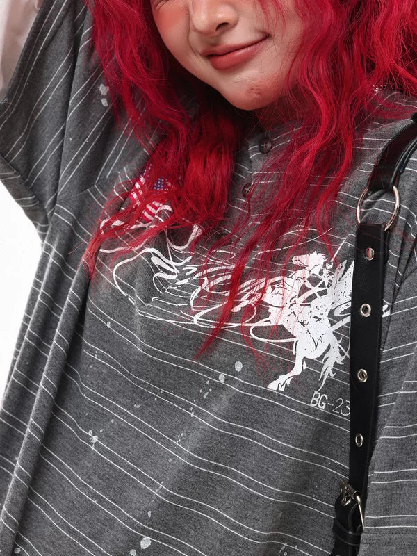 Horse Graphic Striped Faux Layered Henley Top 5