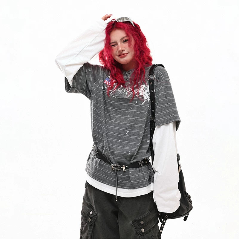 alt_id_3806960237, Horse Graphic Striped Faux Layered Henley Top