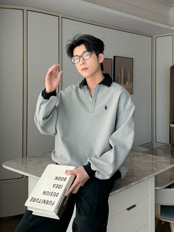 Houndstooth Polo Collar Drop Shoulder Sweatshirt 2