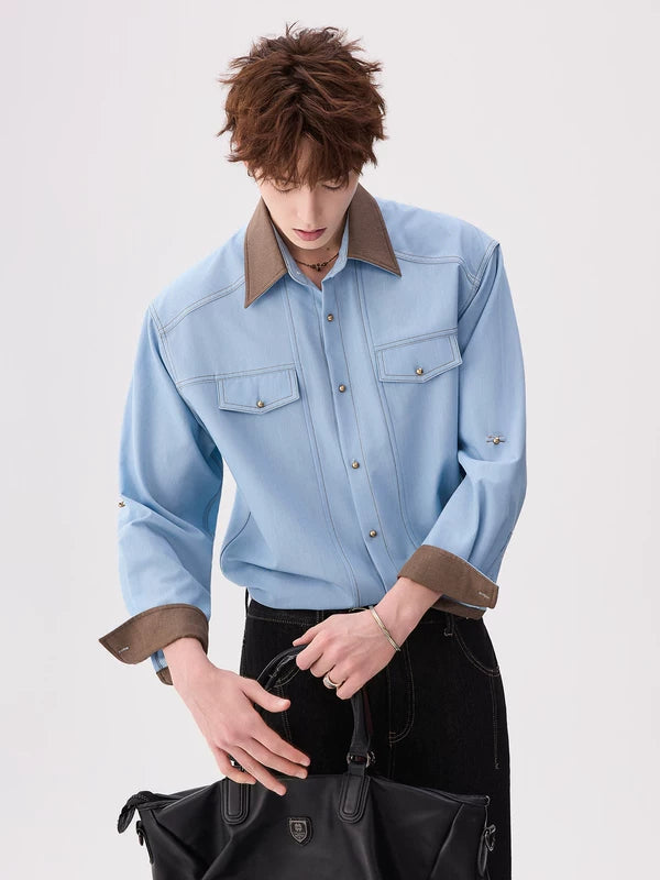 Ice Silk Denim Colorblock Collar Shirt 1