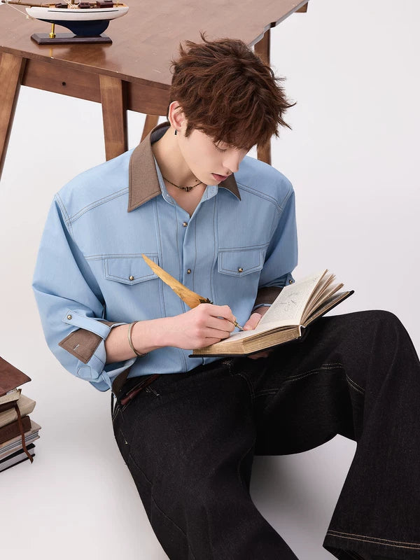 Ice Silk Denim Colorblock Collar Shirt 3