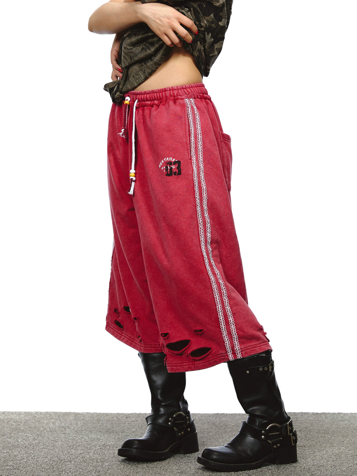 Washed Drawstring Ripped Seven-Point Pants