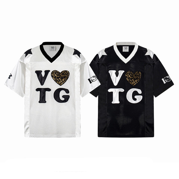 Leopard Heart Mesh Jersey V-Neck T-shirt