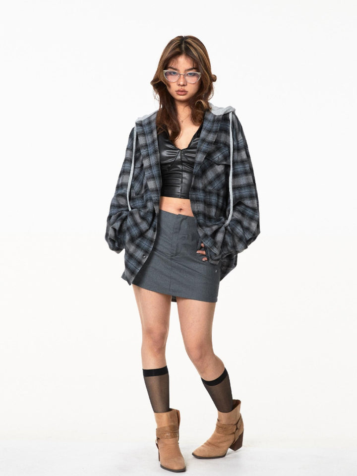 Plaid Hooded Loose Fit Jacket