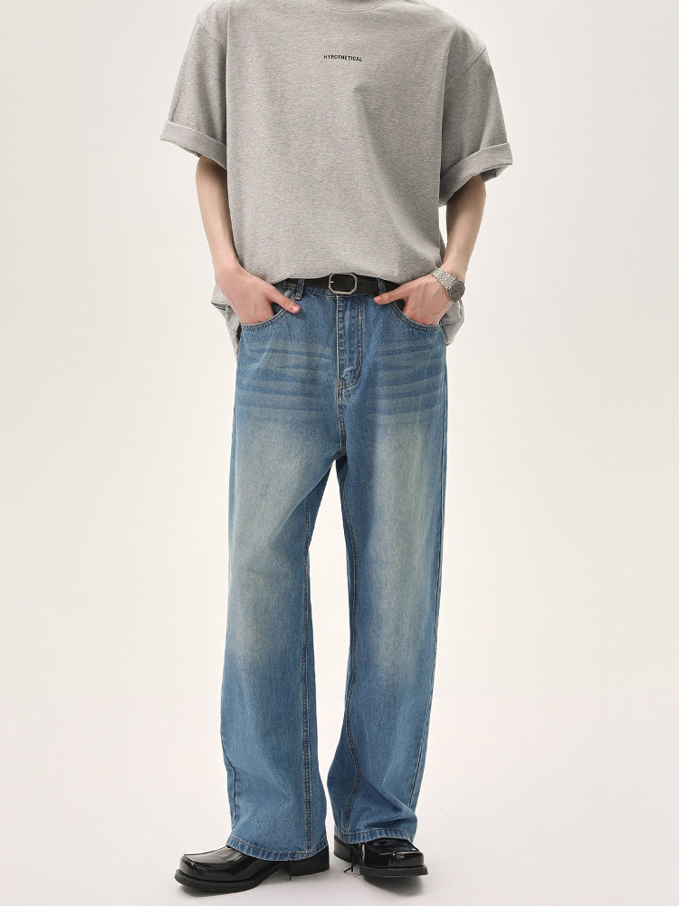 Wide-Leg Distressed Straight Jeans