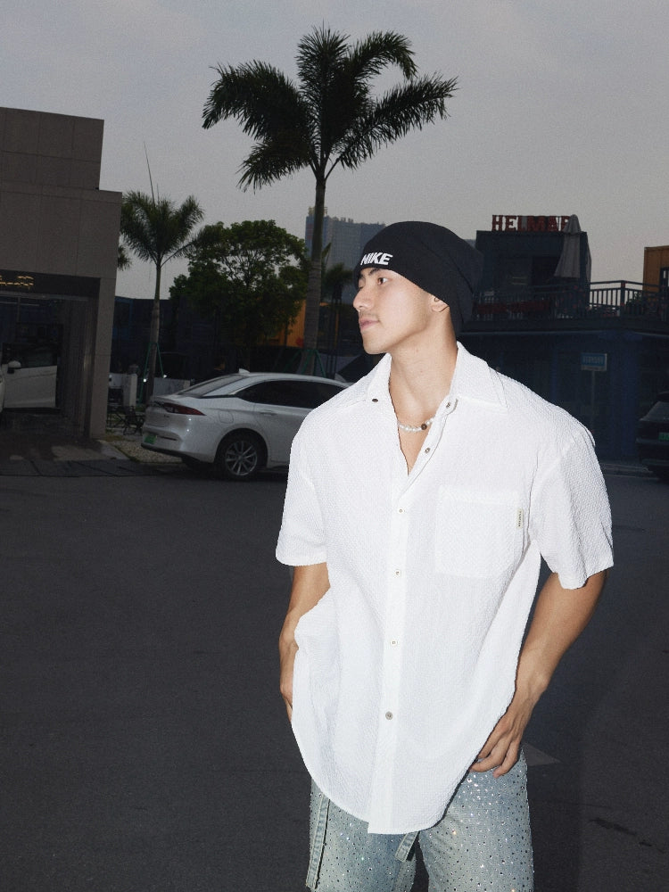 Textured Short Sleeve Lapel Button-Up Shirt