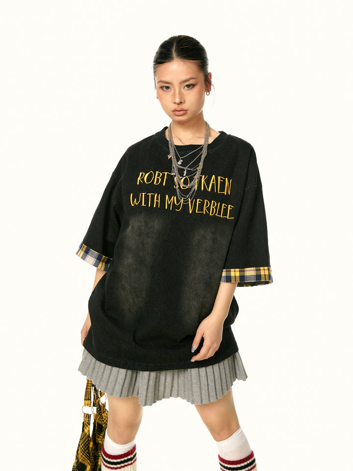 Plaid Splicing Embroidered T-shirt