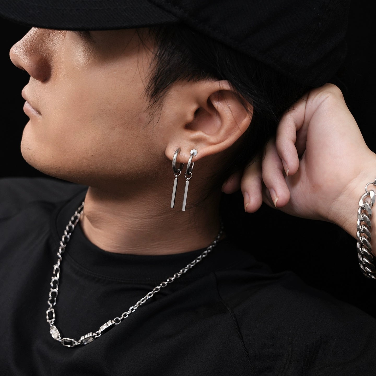 Bar Pendant Plain Hoop Earrings