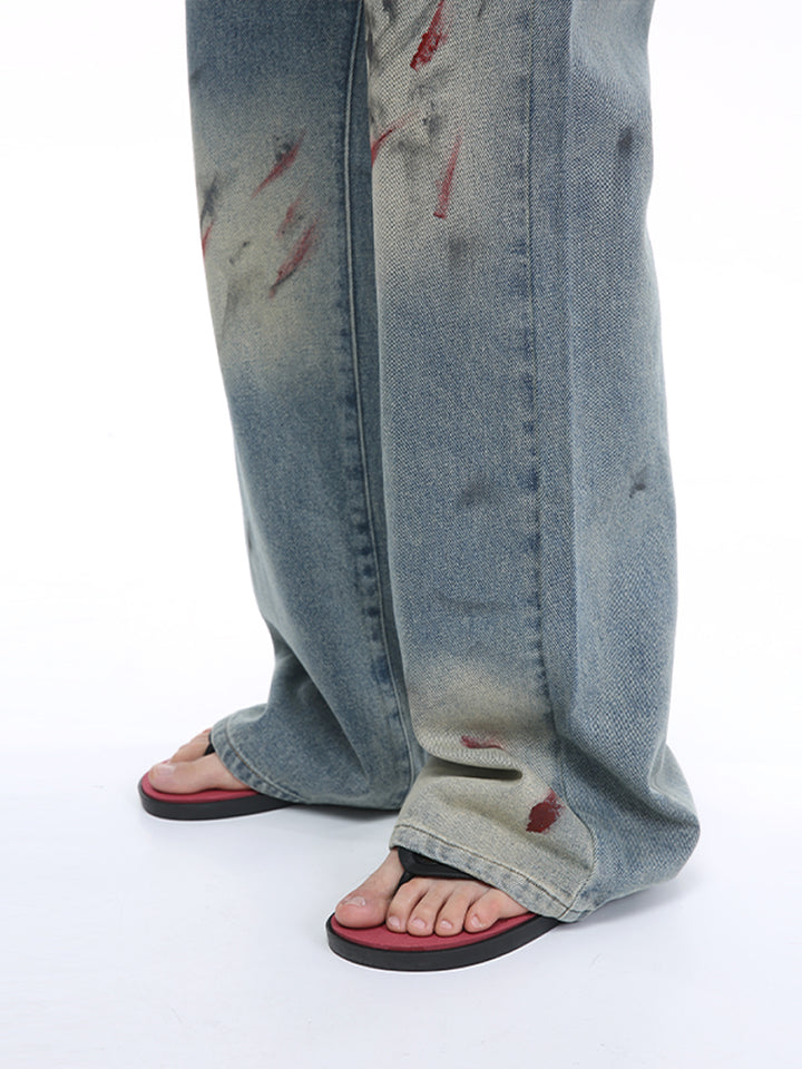 Ink-Splashed Flared Mid-Waist Pants