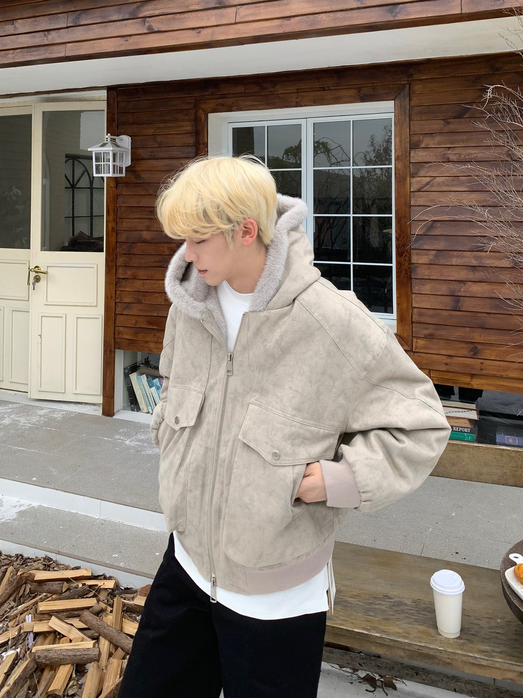 루즈 핏 보온 후드 면 재킷 