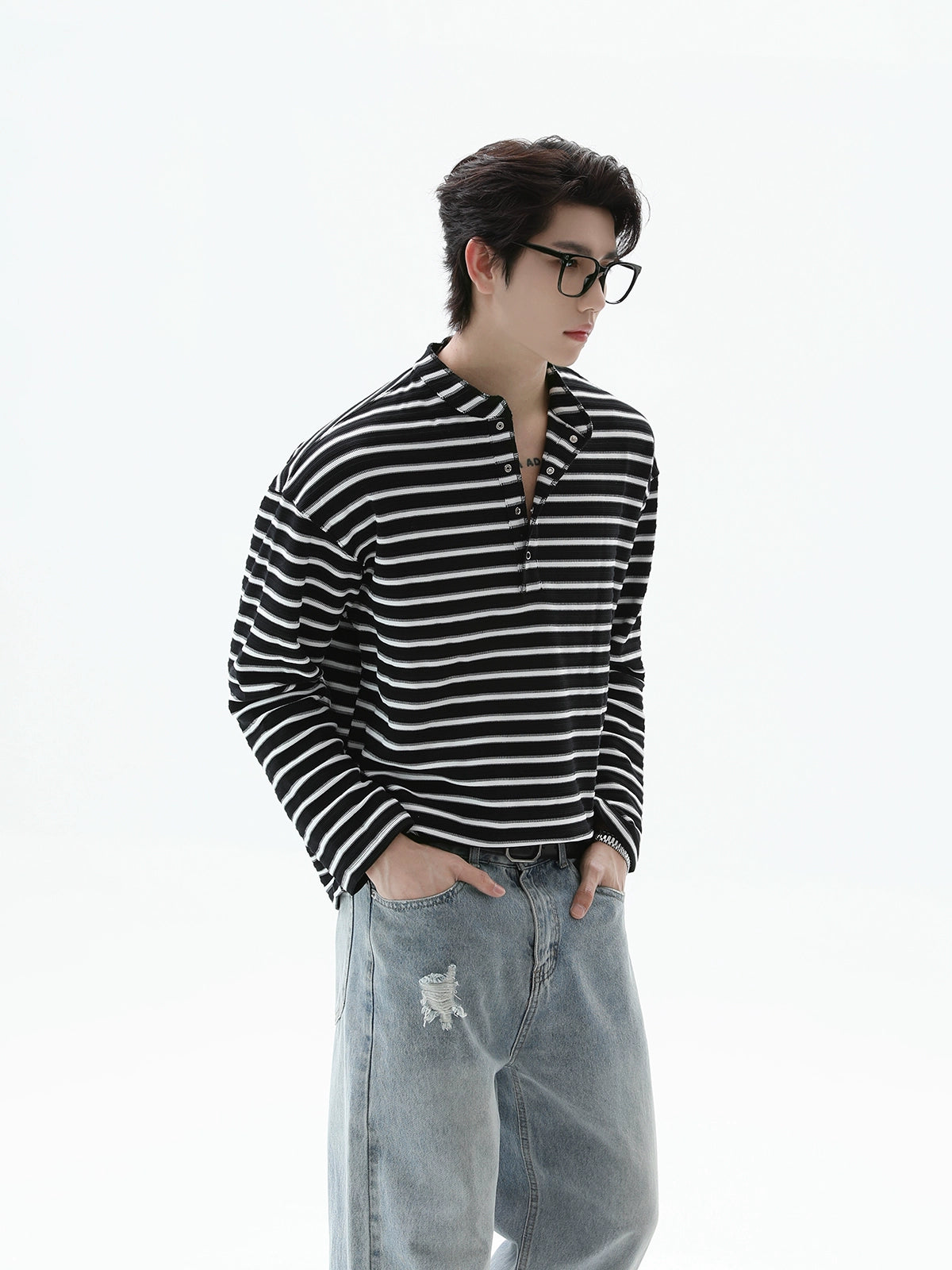 Çizgili Henley Yaka Uzun Kollu Kazak 