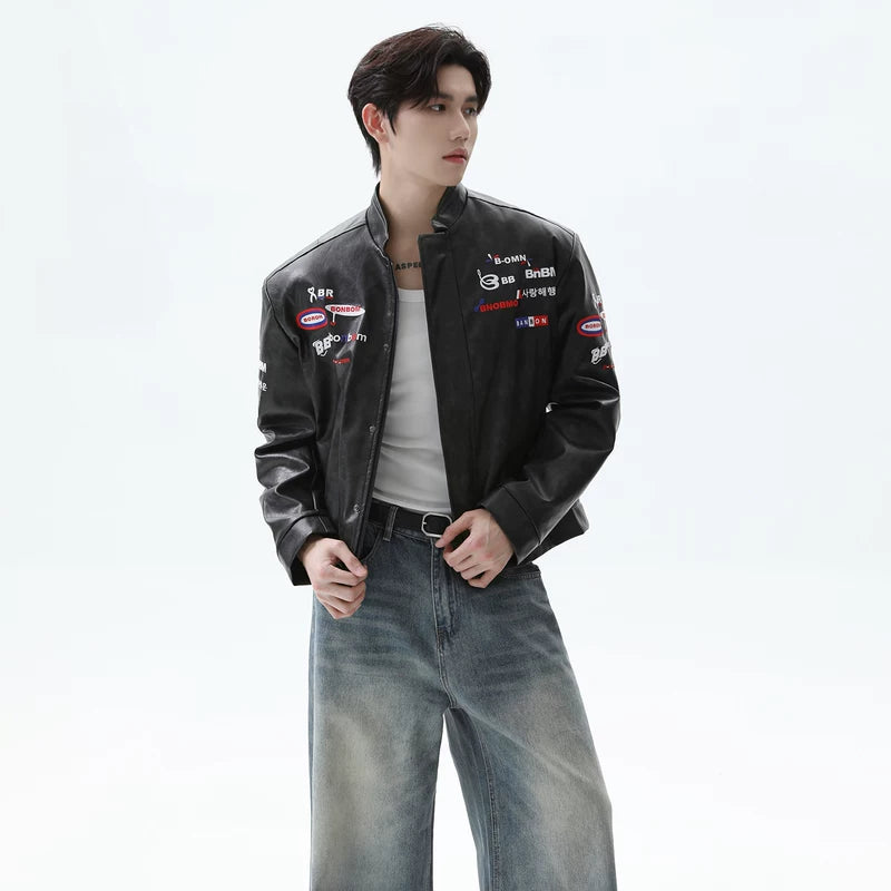 Stand-Collar Leather Motorcycle Jacket