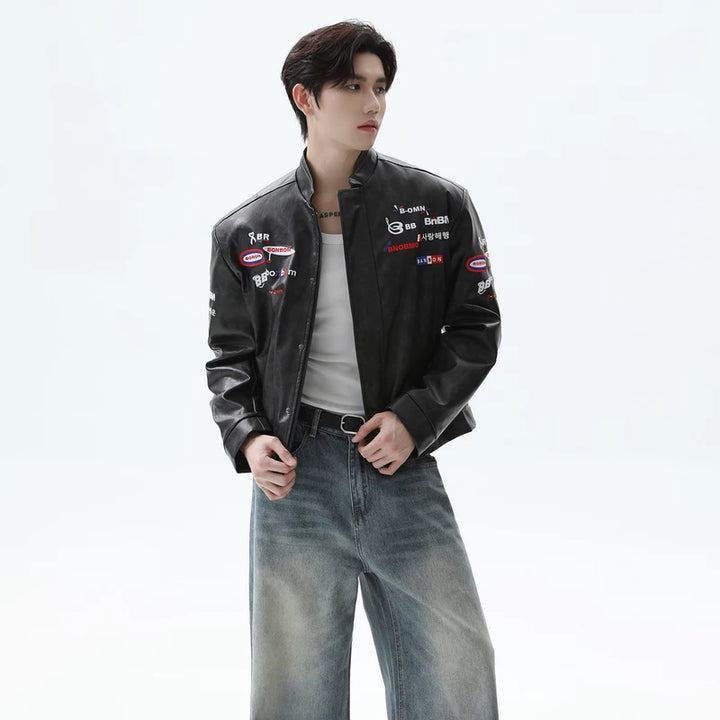 Stand-Collar Leather Motorcycle Jacket