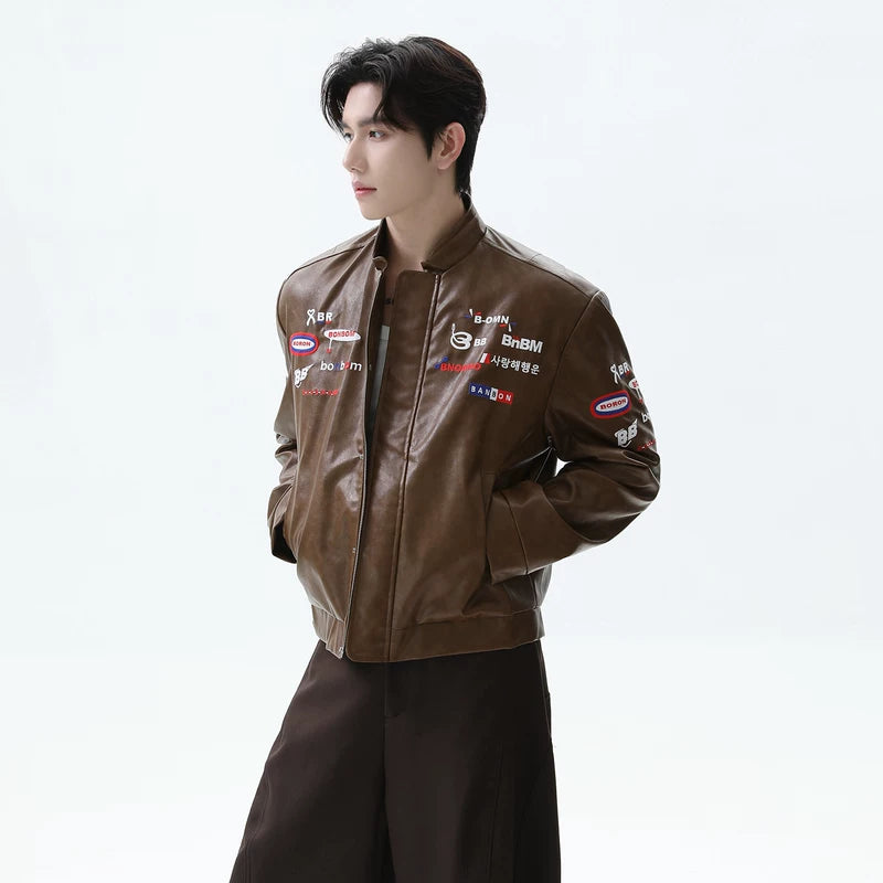 Stand-Collar Leather Motorcycle Jacket