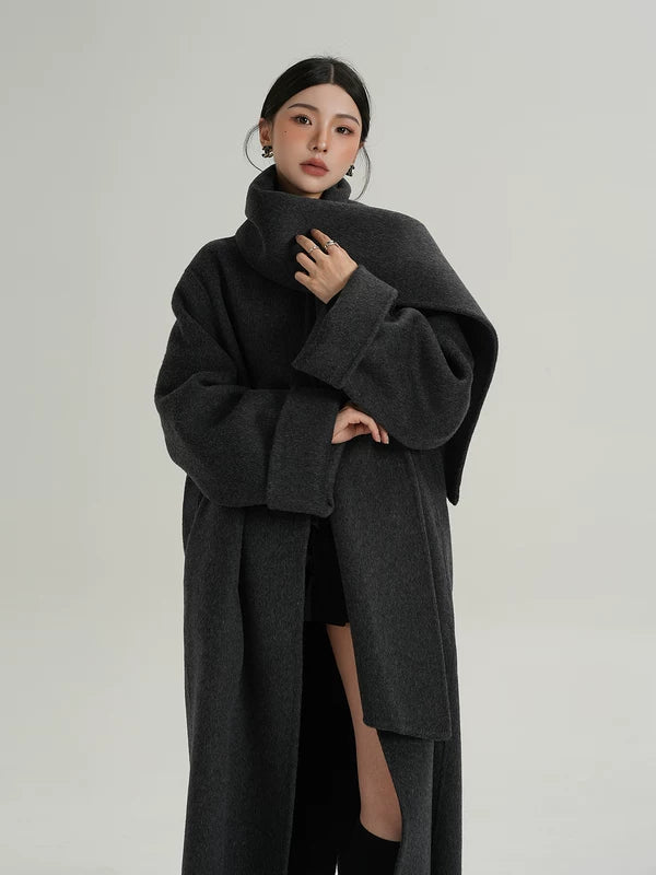 Long Wool Coat with Attached Scarf